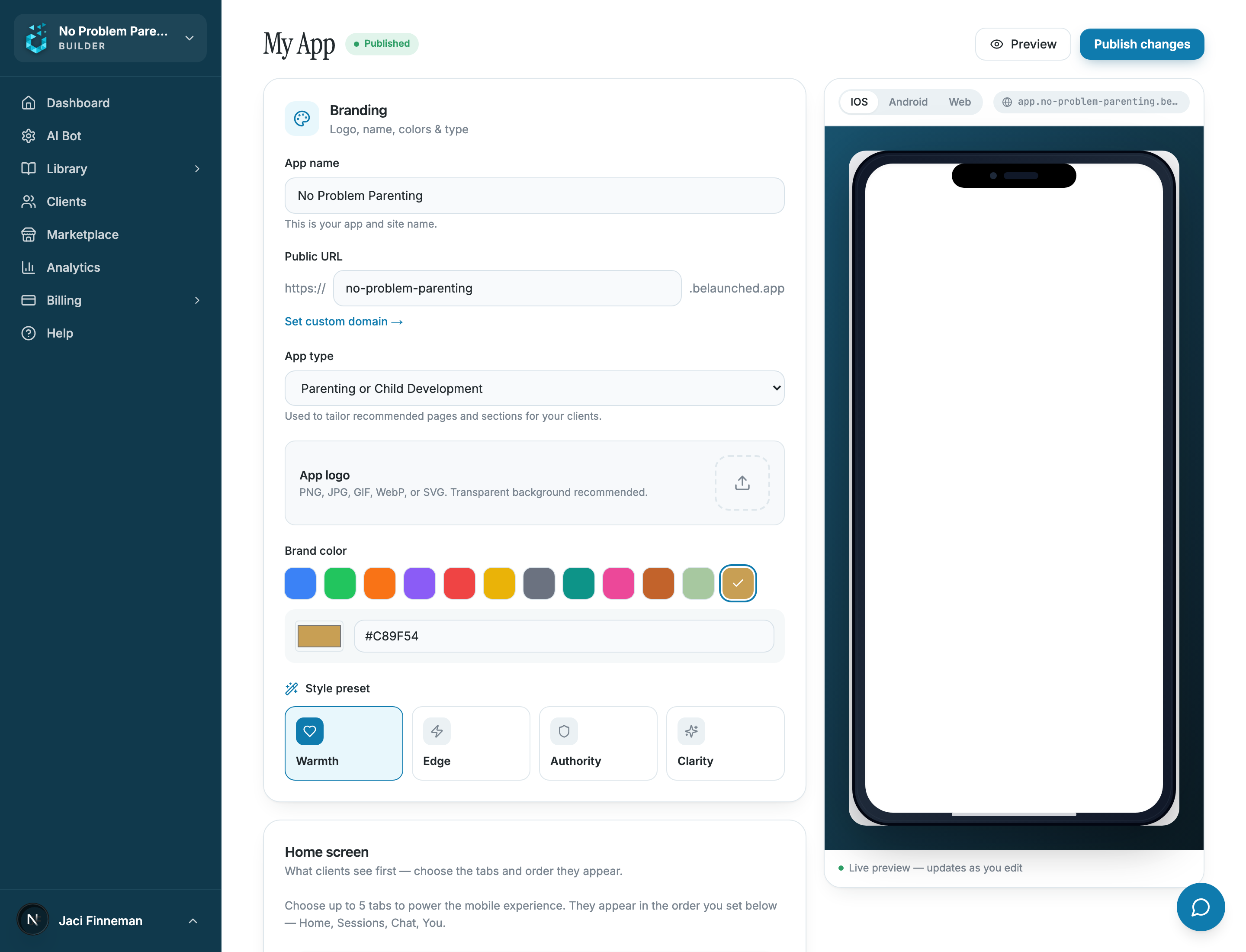 Launched app builder preview screen