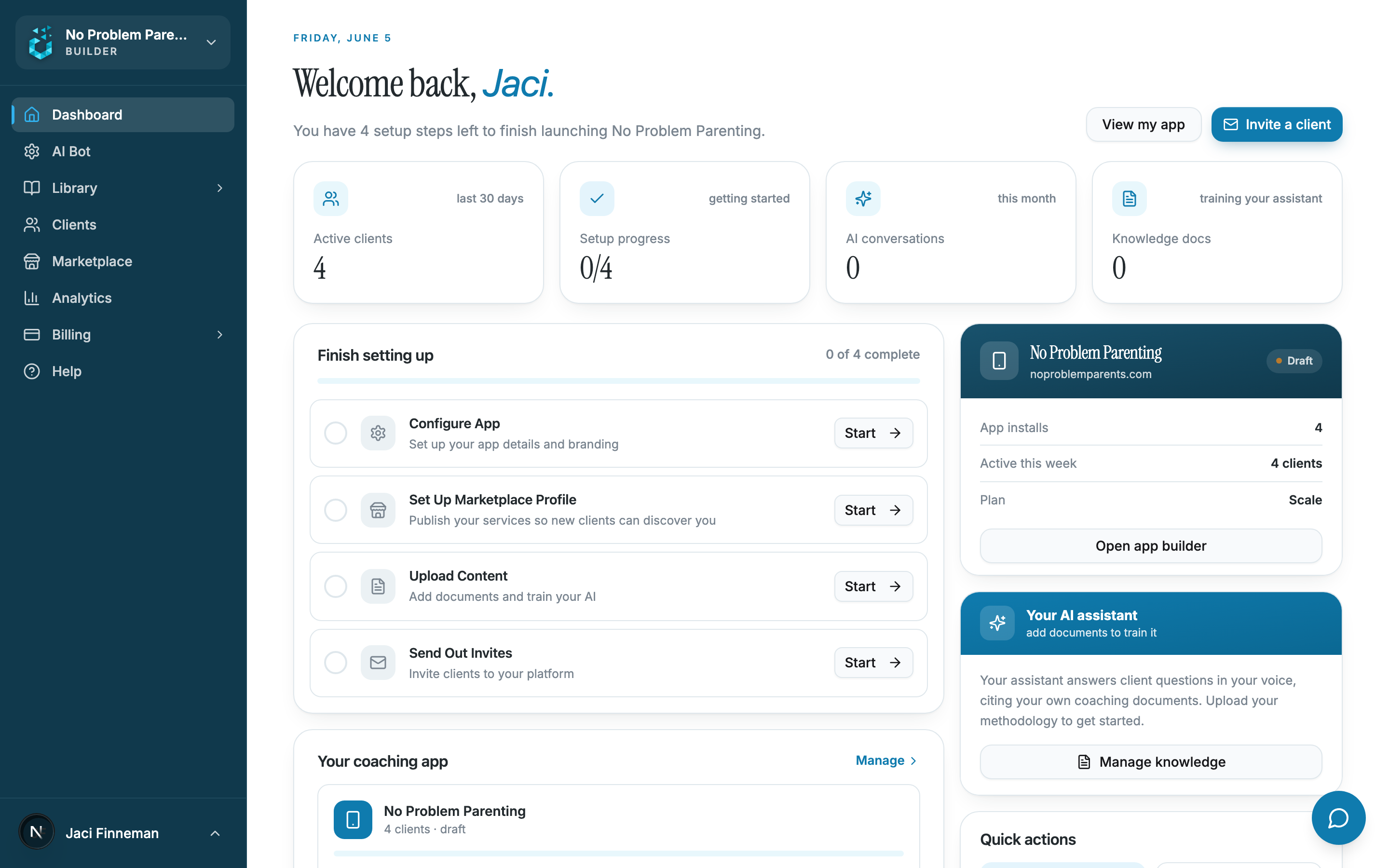 The Launched coach dashboard — your practice at a glance